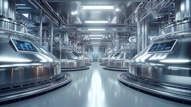 Shiny stainless steel tanks in a pharmaceutical production line, integrated with digital control panels and augmented reality displays, surrounded by a sterile, white environment