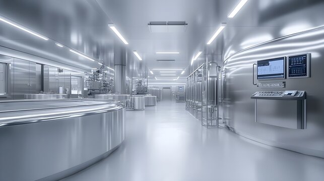 Shiny stainless steel tanks in a pharmaceutical production line, integrated with digital control panels and augmented reality displays, surrounded by a sterile, white environment