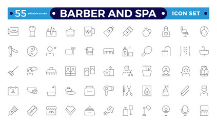 Barber and spa icons in line style. Pixel perfect, minimalistic web and UI icon. Containing sauna, aromatherapy, treatment, yoga, skincare and wellness icons. Editable stroke outline icon.

