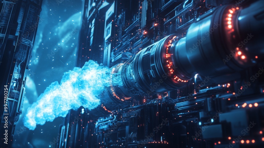 Poster a complex energy reactor showcases intricate machinery illuminated by blue plasma, set within a futu