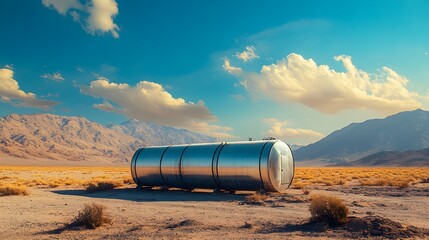 Obraz premium Stainless steel chemical storage tank amidst an arid desert, reflecting the blue sky and rugged terrain, with sandstorms brewing in the distance