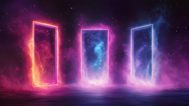 Three magical portal in between various realities, multiverse theory concept illustration. Dimensional Rift. Illustration