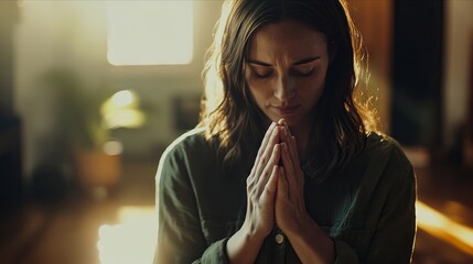 A woman is praying in a church