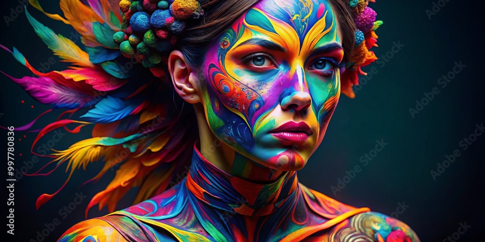 Poster abstract sffft figure in vibrant colors showcasing unique shapes and patterns against a dark backdro