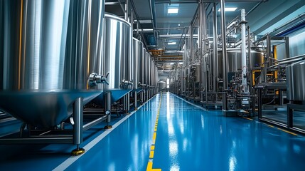 Obraz premium Stainless steel tank in a cutting-edge food processing facility, designed for maximum hygiene and efficiency, with meticulously arranged equipment in the background