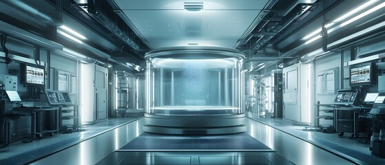 Fototapeta premium Stainless steel tank in a cutting-edge food processing facility, designed for maximum hygiene and efficiency, with meticulously arranged equipment in the background