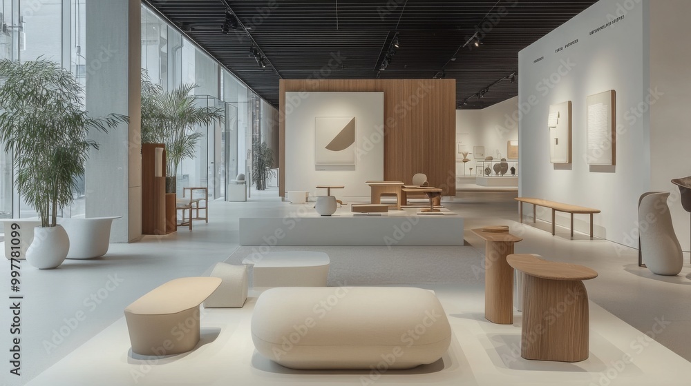 Poster a spacious gallery with tall white walls displays artwork and a variety of furniture pieces. light f