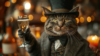 Charming Feline in Top Hat and Bow Tie Sipping Champagne Amidst Golden Particles on Dark Background