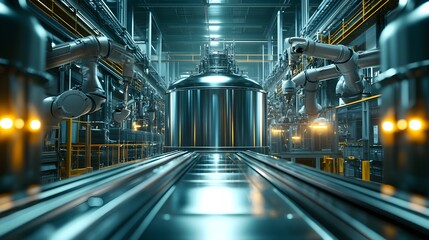Fototapeta premium Stainless steel tank in a high-tech food production line, surrounded by robotic arms on conveyor belts, AI-Enhanced, Photorealistic, Cool Tones, Low Angle