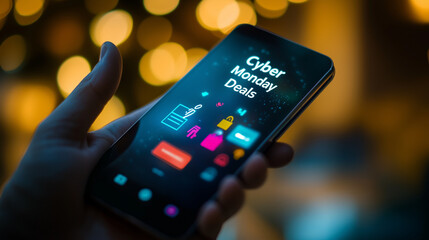 Cyber Monday Deals on mobile phone, illuminated by festive lights in a digital shopping scene