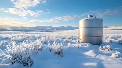 Obraz premium Stainless steel tank in an open snowy landscape, surrounded by untouched snow, frost formations emphasizing the coldness of the scene