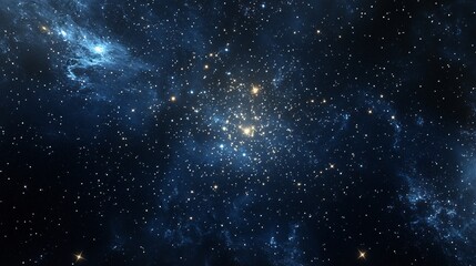 Fototapeta premium A deep blue night sky with a cluster of bright stars in the center and faint stars scattered across the background.