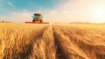 Fototapeta premium Golden wheat field stretching out under a vast clear sky with a large harvester working its way through the crops
