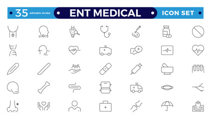 ENT Medical outline Icon, also includes ear, nose, throat, Headache, Runny Nose, Cough, Sore Throat, hearing kit, Hearing Report, Breathing, Thyroid. Ear Nose Throat Editable stroke outline icon.