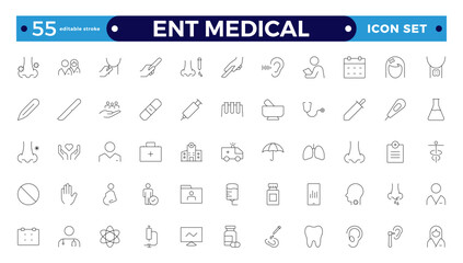 ENT Medical outline Icon, also includes ear, nose, throat, Headache, Runny Nose, Cough, Sore Throat, hearing kit, Hearing Report, Breathing, Thyroid. Ear Nose Throat Editable stroke outline icon.