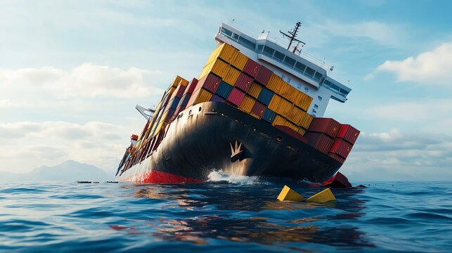 Cargo ship sinking in ocean, colorful containers, dramatic sky, marine disaster.