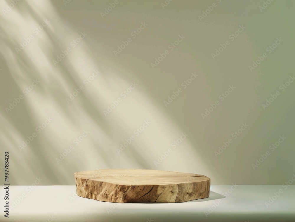 Poster minimalist wooden podium on gradient background with soft green glow and diffused natural lighting