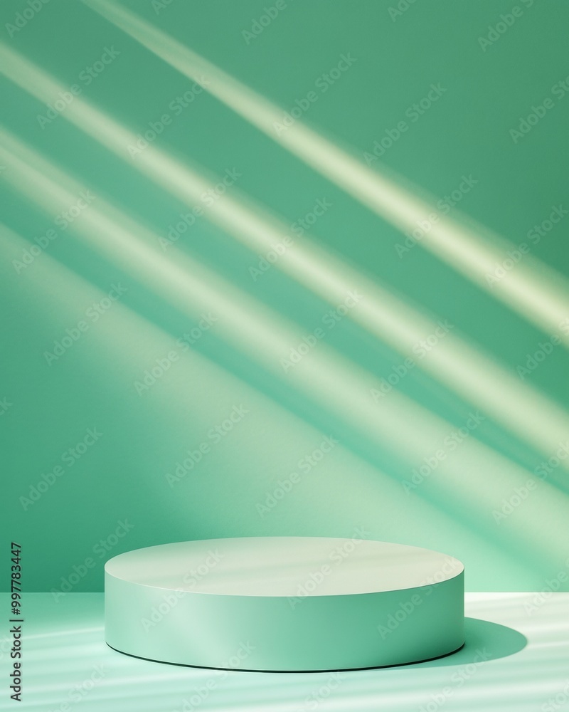 Poster minimalist glossy teal podium on dynamic green background with light beams – modern stock