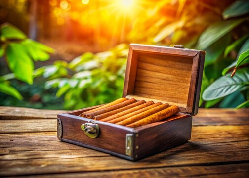 A classic Papiros cigarette rests in a rustic wooden case, surrounded by a natural backdrop, creating a stunning