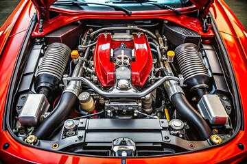A close-up of a sports car's engine bay highlights premium components and advanced design features, emphasizing