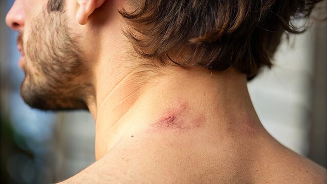 A close-up of a hickey on the neck reveals skin marks left by intimate physical contact, showcasing the