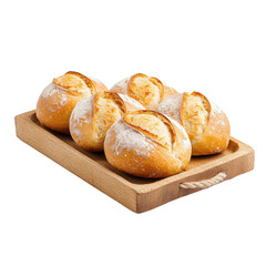 Naklejka premium Bun bread on a wooden tray, isolated on a white background, offering a rustic and appealing look. cutout PNG