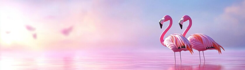 Fototapeta premium Flamingos standing in a pink lake