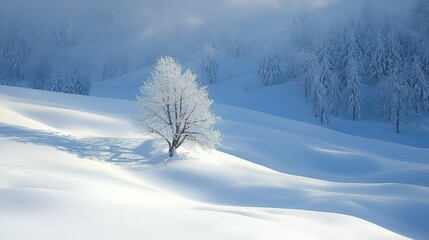 Fototapeta premium Beautiful White Snowy Landscape Wallpaper. A serene, snow-covered landscape with subtle shadows and soft light.