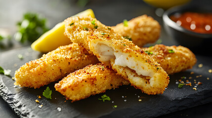Crispy fish fingers with a lemon wedge and a bowl of dipping sauce.