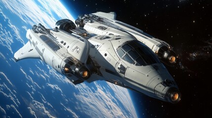 A sleek, advanced spacecraft hovers above Earth, showcasing its stunning design against the backdrop of swirling clouds and the vastness of space
