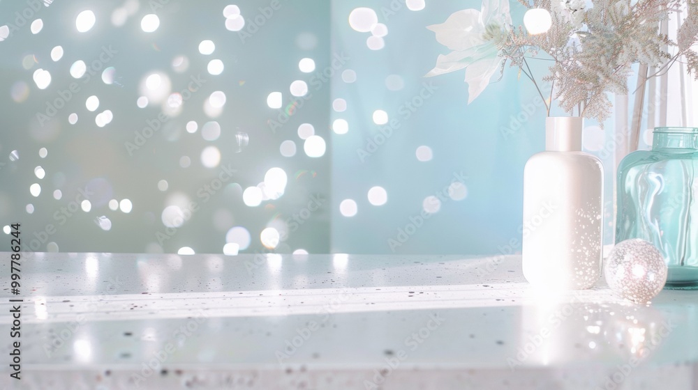 Poster Minimalist Soft White Concrete Table in Modern Bokeh Indoor Setting with Futuristic Decorations and Ambient Lighting