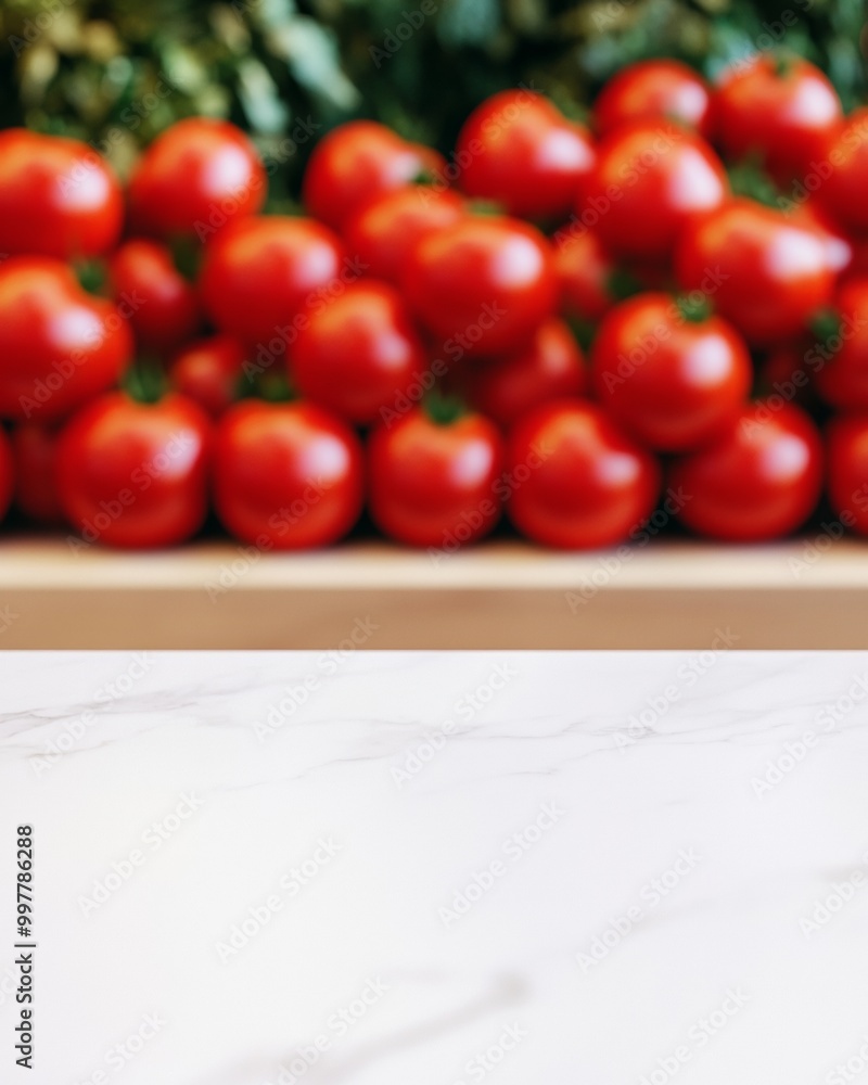 Poster minimalist marble table with blurred tomato background for fresh product display