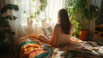 A woman with long, brown hair sits on a bed with a colorful blanket. She is wearing a white sweater and white pants and is reading a book