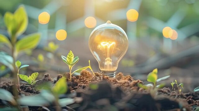 video of A light bulb rests amidst the soil, accompanied by plants thriving beside a wind turbine. The imperative for future sustainability lies in renewable energy generation