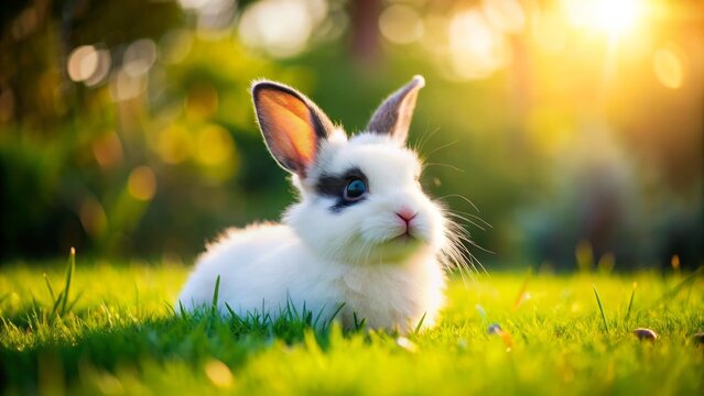 Adorable Hotot Bunny with White Fur and Black Eye Patches Relaxing on Soft Green Grass Outdoors