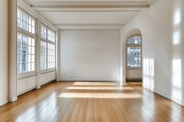 Fototapeta premium Bright and empty room with wooden floor and white walls