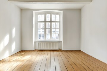 Obraz premium Bright and empty room with wooden floor and white walls