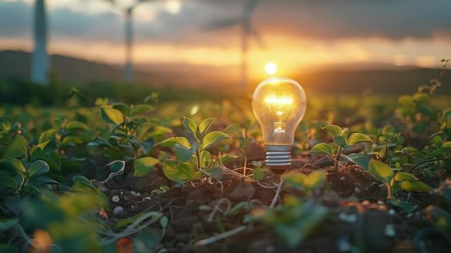 video of A light bulb rests amidst the soil, accompanied by plants thriving beside a wind turbine. The imperative for future sustainability lies in renewable energy generation