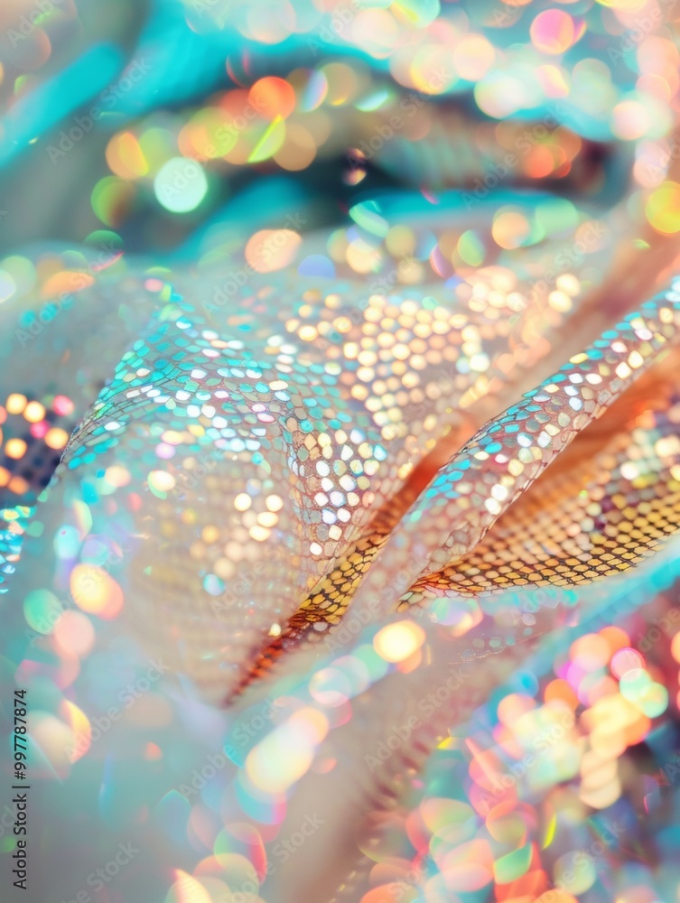 Poster Holographic Sequin Fabric Close-Up Dynamic Shimmering and Reflective Surface with Pastel Bokeh Effects