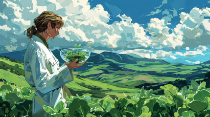 Agronomist observing plant growth in a scenic field for sustainable agricultural development and environmental research.
