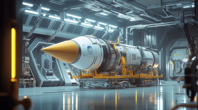 An advanced missile is prominently displayed in a futuristic launch facility, showcasing modern engineering and technology