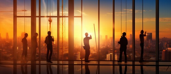 Construction Workers Silhouettes Against Sunset Cityscape