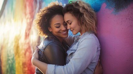 Embracing Love: LGBT Couple in Front of Vibrant Pride Graffiti Wall with Soft Sunlight