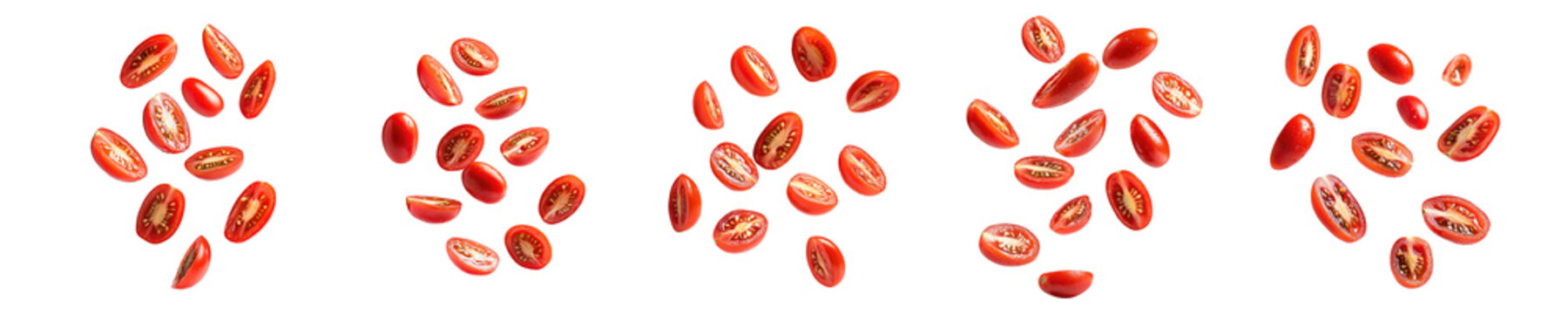 Set of sliced cherry tomatoes floating in the air isolated on white background