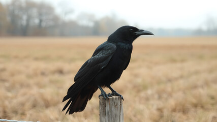 Fototapeta premium Majestic Black Raven Perched on a Wooden Post
