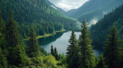 A Serene Mountain Lake Nestled Within a Verdant Forest