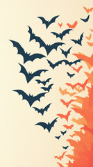 Obraz premium Silhouettes of bats flying in a diagonal line with an orange and red gradient on the right side.
