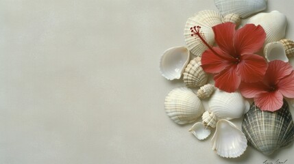 Tropical Christmas Seashells and Hibiscus Flower Arrangement on Light Beige Background, Minimalist Studio Shot