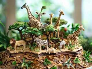 Miniature Jungle Scene with Plastic Animals and Trees