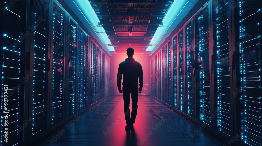 Poster man walking in futuristic data center with blue and red lights.